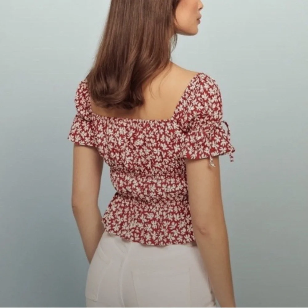Reformation Red Floral Smocked Peplum Top